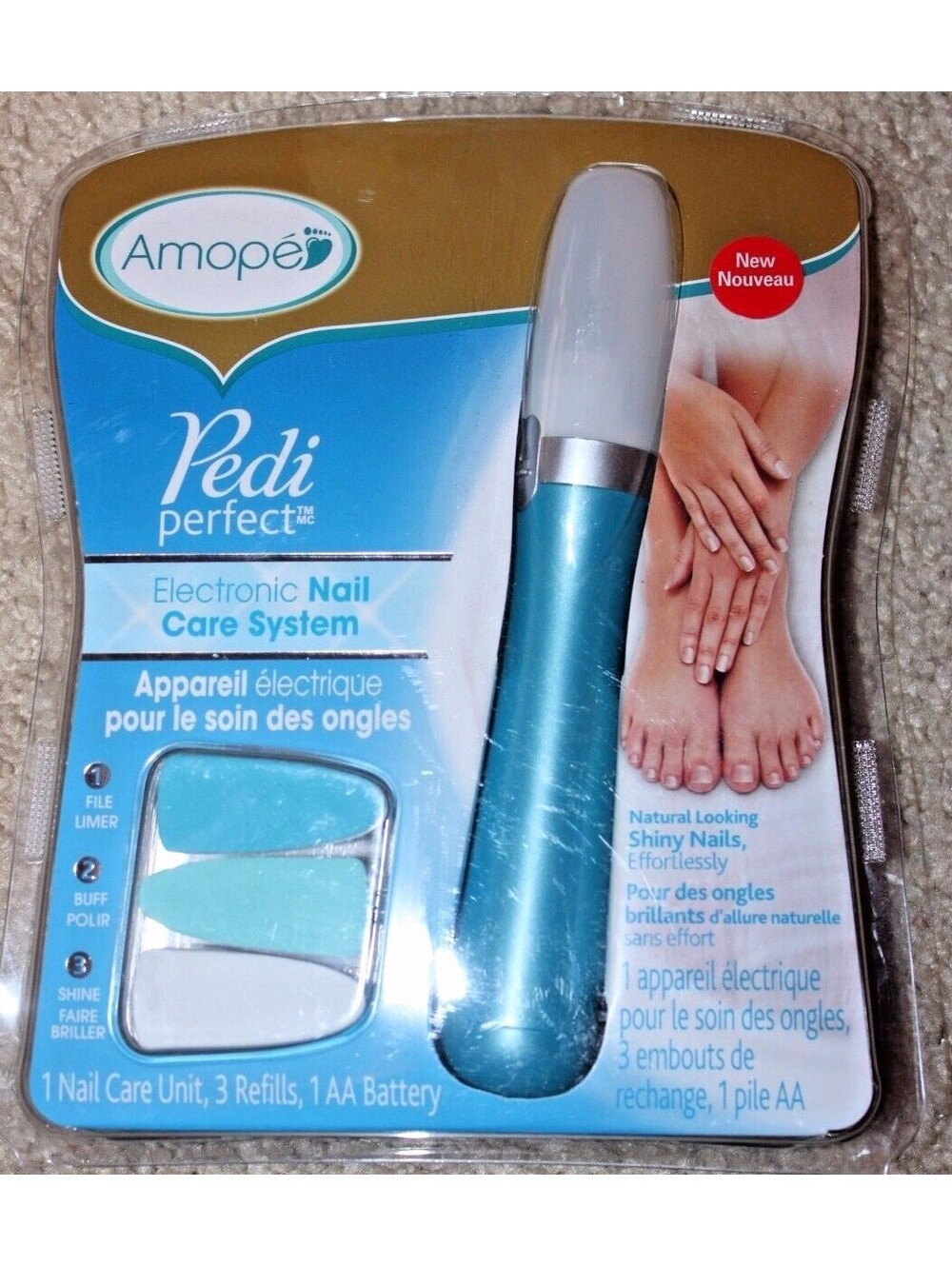 Amope Pedi Perfect Electronic Nail Care System + 3 REFILLS, 1 AA BATTERY